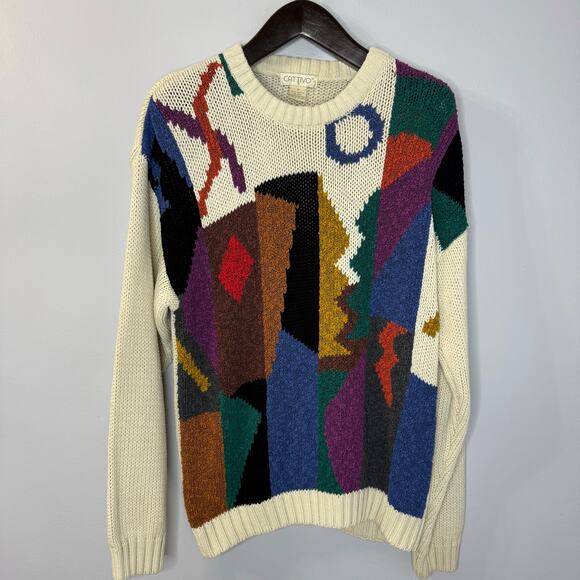 Cattivo Vintage Cream Multi Patterned Geometric Crew Neck Sweater Men's M - Picture 1 of 8